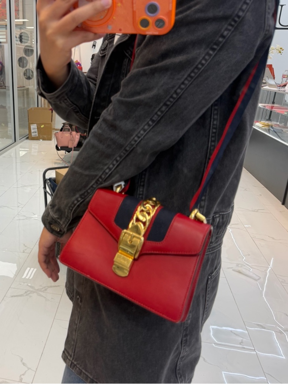 Gucci Red Leather Crossbody with Gold Chain and Black Stripe - Picture 9 of 9